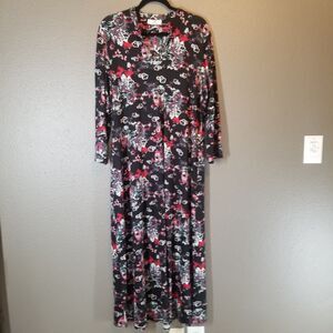 Natori Large Dress Maxi Long Sleeve Pagoda Asian Print Black Jersey Knit Comfort